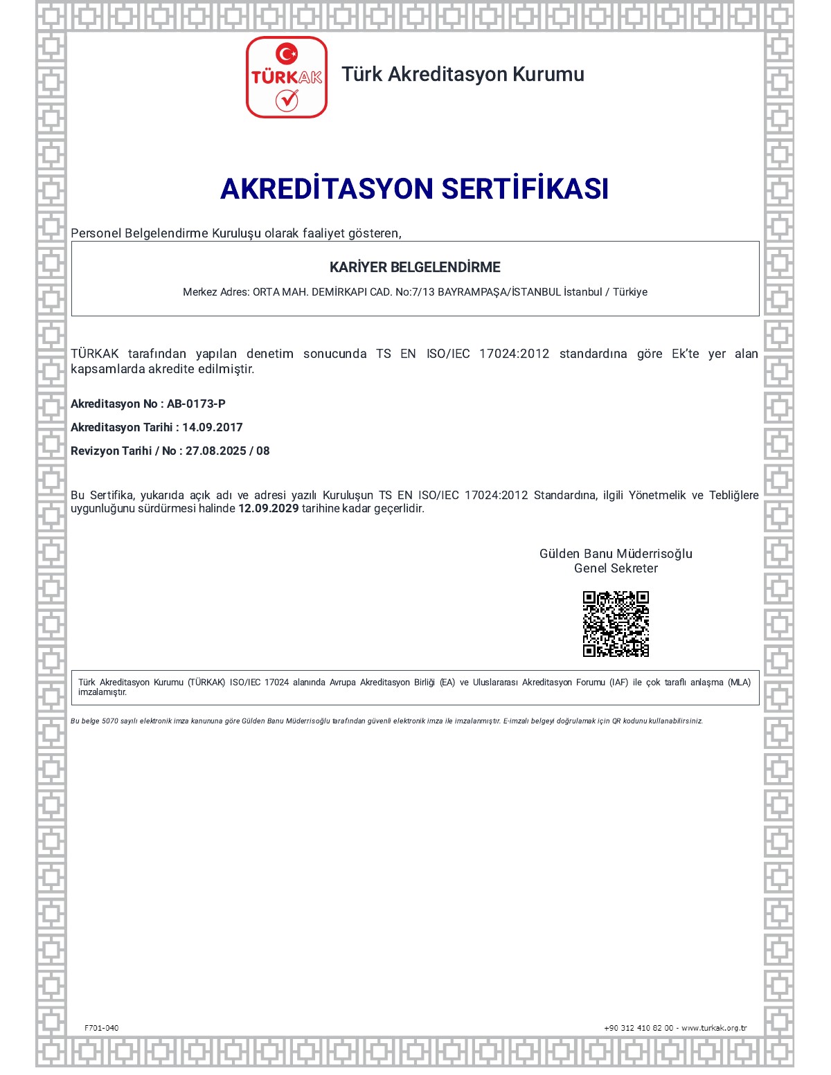 Kariyer Belgelendirme TÜRKAK Akreditasyon Sertifikası